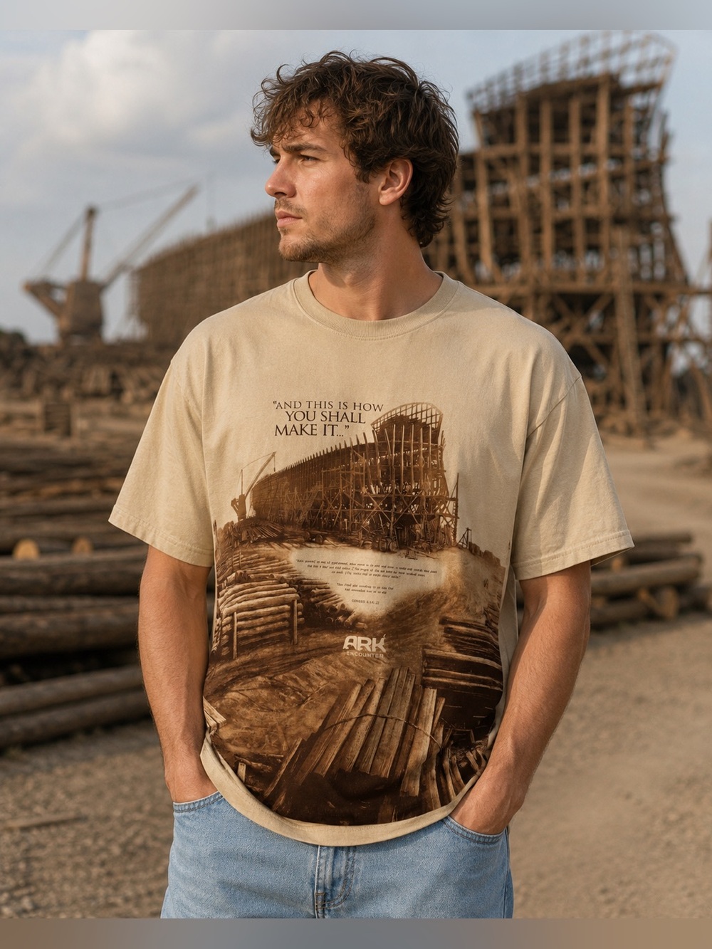 Kerusso Ark Encounter Beige Short-Sleeve Tee, 100% Cotton- size XL